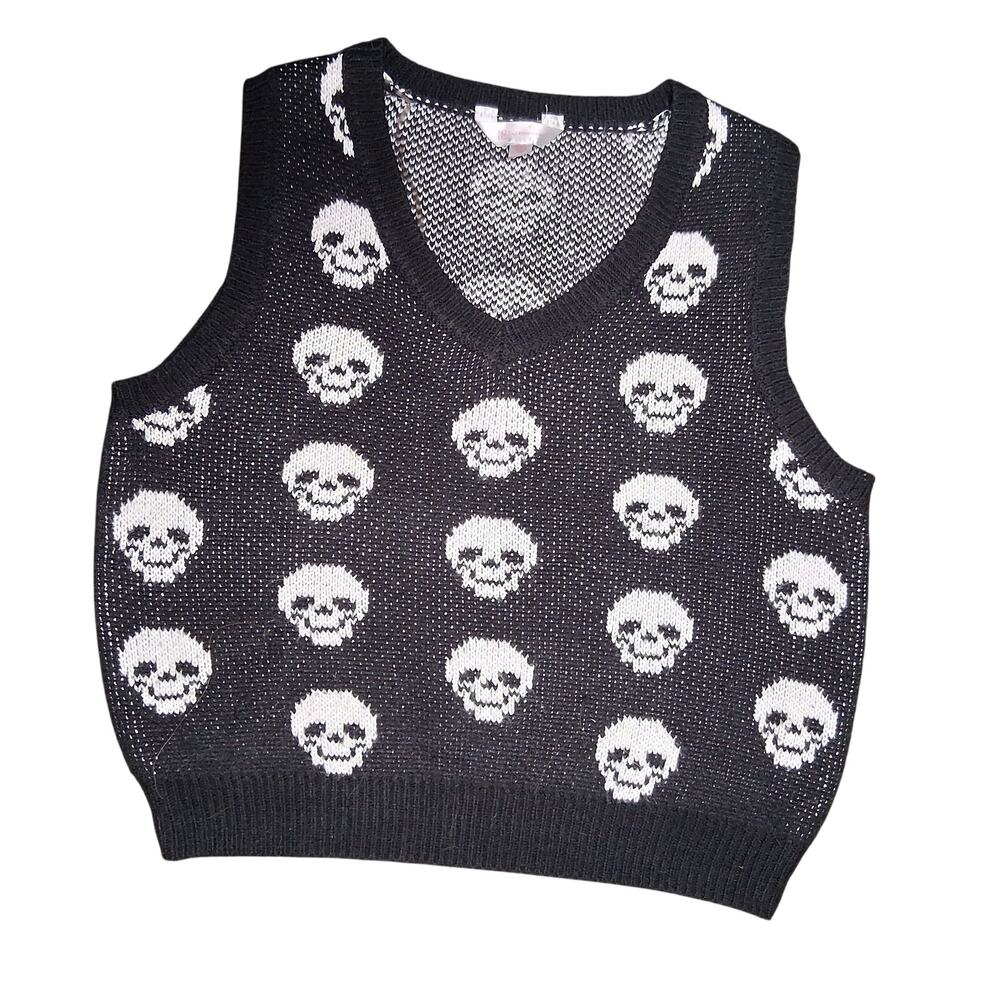 No Boundaries Size L Black Knit Skulls Pattern Vest Large Knit Halloween Spooky